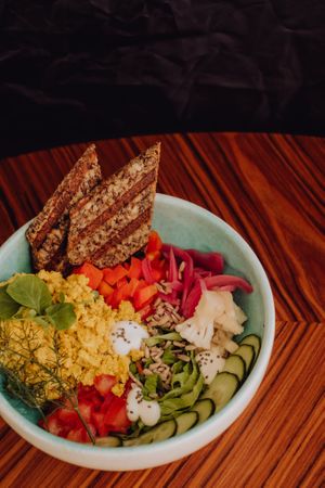 Fake Eggs Bowl with homemade Seedbread at Breens Deli in Mallorca