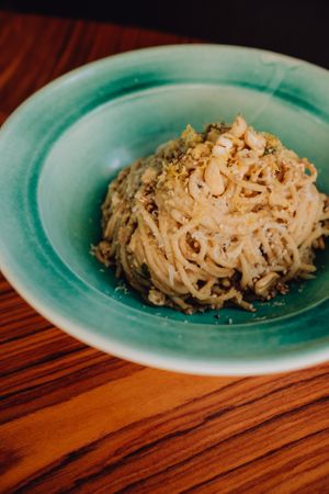 Hummus Pasta at Breens Deli in Mallorca