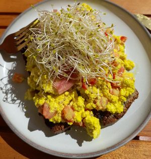 Scrambled tofu - a delight! at Breens Deli in Mallorca