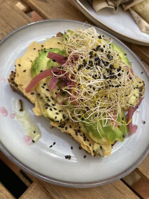 Avocado bread with humus  at Breens Deli in Mallorca