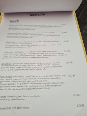 Menu at Breens Deli in Mallorca