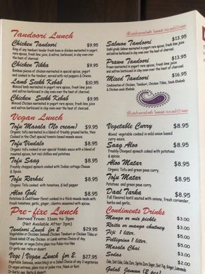 Vegan lunch menú  at Star of India in Hollywood