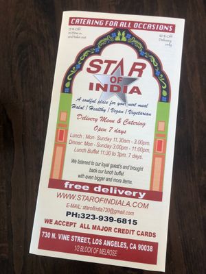 Menu  at Star of India in Hollywood