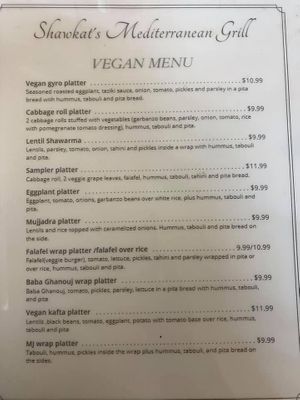 Vegan Menu at Shawkat's Mediterranean in Tulsa