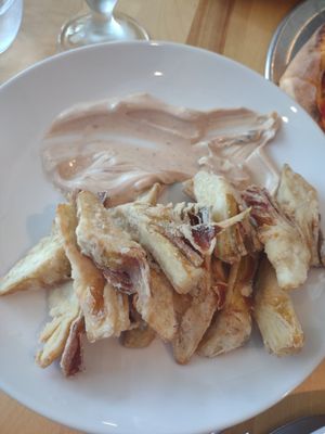 Fried artichoke with black garlic truffle aioli at Lucile Pizza & Wine Bar in Sarasota