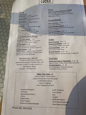 Pizza menu/ all vegan unless you special request meat  at Lucile Pizza & Wine Bar in Sarasota