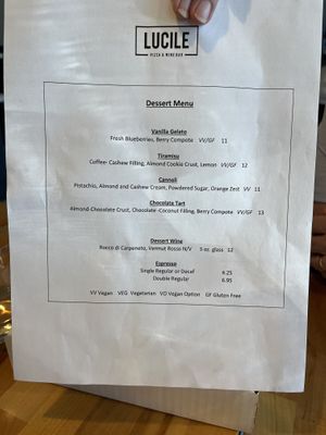 Dessert menu  at Lucile Pizza & Wine Bar in Sarasota