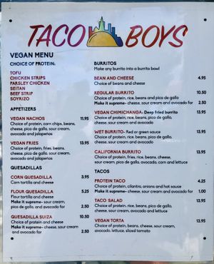Vegan menu at Taco Boys  in San Francisco