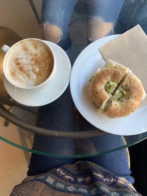 Coffee + bagel sandwich at Wired Monk in Halifax