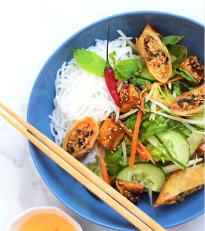 Khoe Bowl - a vermicelli bowl featuring crispy spring rolls. at Khoe in Vancouver