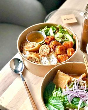 Khoe Bowl - a vermicelli bowl featuring crispy spring rolls. at Khoe in Vancouver