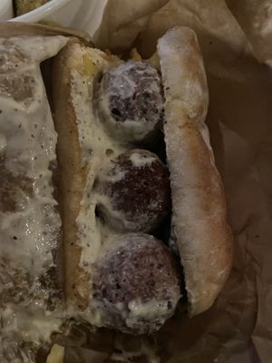 Close up of all the sauce and goodness  at Brothers Meatballs in Hollywood