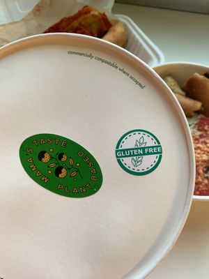 Eco-friendly packaging with a gluten-free label at Brothers Meatballs in Hollywood