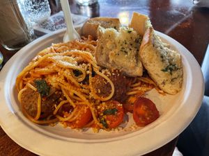 Meatballs and spaghetti with gluten free garlic bread at Brothers Meatballs in Hollywood
