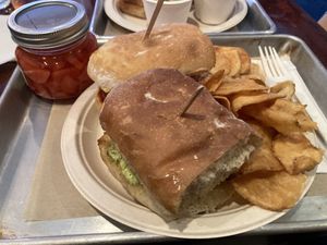 2 half meatball sandwiches with chips and side of pickled radishes   at Brothers Meatballs in Hollywood