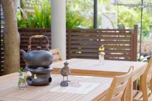 Seats on the terrace at Rengetsutei in Tokyo