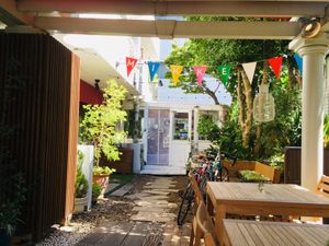 Outdoor seating available at Rengetsutei in Tokyo