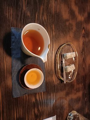 Oolong tea with coconut dessert  at Rengetsutei in Tokyo