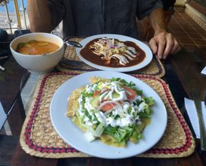 Vegetable soup, Enmoladas and Chilaqiles at Cinnamon Veggie in Cuernavaca