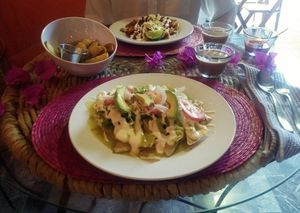 Chilaquiles with green sauce, Alhambres, potato fries at Cinnamon Veggie in Cuernavaca