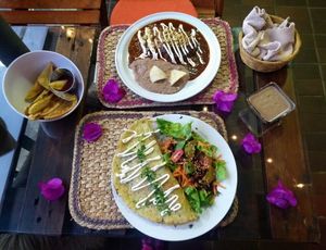 Mediterranean omelette, Mole with beans, tortillas, potato fries at Cinnamon Veggie in Cuernavaca