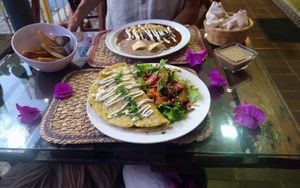 Mediterranean Omelette, refried beans, potato fries at Cinnamon Veggie in Cuernavaca