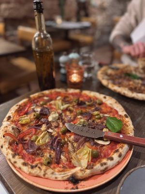Vegano Pizza - vegan mozzarella, artichokes, roasted peppers, mushrooms & I added olives and red onion  at Impasto in Worcester