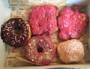 Raspberry fritters, chocolate sprinkle, berry crisp, mixed berry jelly  at Glazy Susan in Worcester
