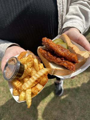 Hot honey chicken & fries at vegandale   at Lettuce Feast in Los Angeles