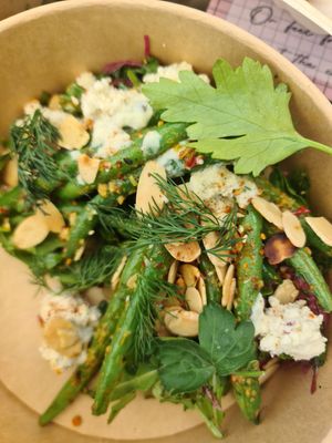 Green beans with chilli  garlic, toasted almonds, Yay! Feta  lemon and herb dressing at Twinkle Town  in Port Douglas