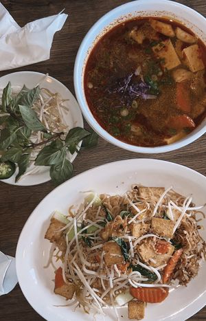 spicy vegan lemongrass soup on top // stir fried garlic noodles and tofu on bottom  at Z Asian - Vietnamese Kitchen in Orlando