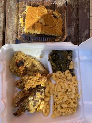 Fried chick’n meal with collards, mac & cheese, and cornbread  at Our Vegan Corner in Syracuse
