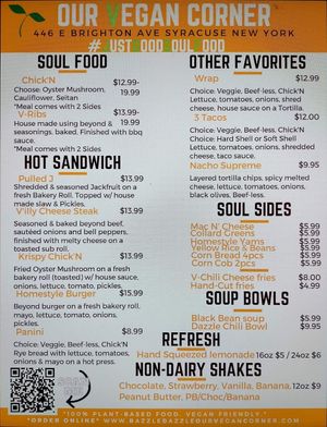 Most of the Menu at Our Vegan Corner in Syracuse