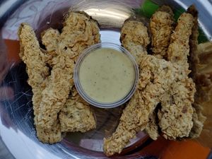Fried Seitan and House dipping sauce  at Our Vegan Corner in Syracuse