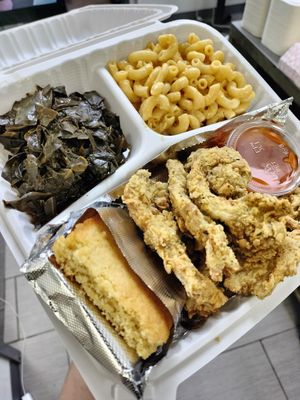 Fried Oyster Mushroom Meal(Comes with 2 side choices) pictured Collard Greens, Mac N' C's and a slice of CornBread(included) at Our Vegan Corner in Syracuse