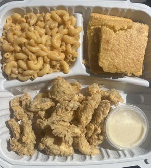 Fried Oyster Mushrooms 🍄, Mac and Cheese and Corn Bread  at Our Vegan Corner in Syracuse