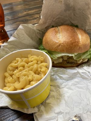 Crispy chick’n sandwich and macaroni and cheese    at Our Vegan Corner in Syracuse