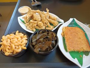 Chick'n meal with mac 'n cheese and collard greens. at Our Vegan Corner in Syracuse