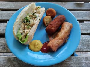 Take-away chickpea 'tuna' sandwich with some locally-inspired fried goodies at Origin Cafe in Noord