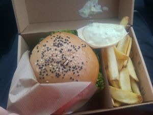 Burgeriik, hranolky a supis majoneza:) at Vegánsky Gazda in Trencin