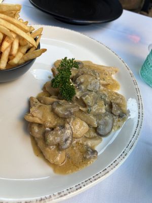 Chicken Marsala. Very tasty but weird it came with fries ?  at Vegan Planet in Miami