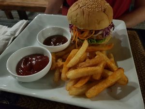 The Crusher w/ spicy fries at Slam Dunk Sandwich Co in Siem Reap