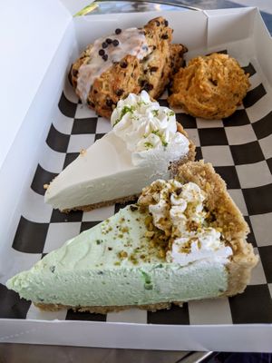 Amazing vegan treats! Pistachio pie (the green one), key lime pie, chocolate chip scone, and cheddar bay biscuit. at Minglewood Bake Shop in Richmond
