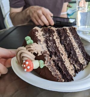 Vegan triple chocolate cake with adorable mushroom decorations! 🍄 at Minglewood Bake Shop in Richmond
