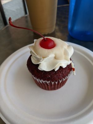 Vegan red velvet cupcake with cream cheese frosting at Minglewood Bake Shop in Richmond