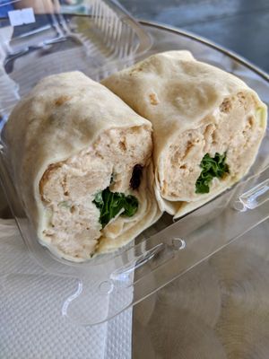 Vegan chicken salad wrap! Chicken salad has dried cranberries, celery, and almonds. at Minglewood Bake Shop in Richmond