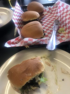 3 and a half of the five sliders we ordered.  Our favorite was the mushroom slider, but we enjoyed them all   at The Corner Kitchen in Concord