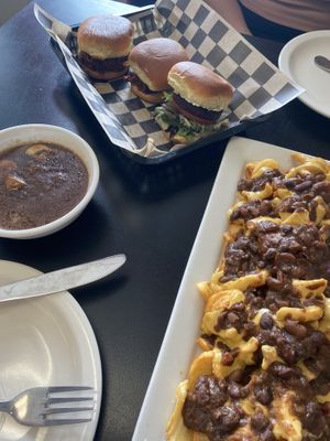 Vegan mushroom gravy, Vegan Chili Cheese Fries & vegan sliders bbq pulled mushroom and vegan falafel slider   at The Corner Kitchen in Concord