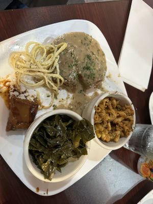 Fried Chik'n Dinner with Mac and collards another tasty meal with great sauce    at KraVegan in Jacksonville