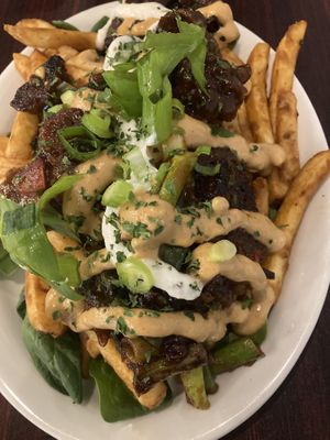 Mongolian Unbeef BBQ Potato Skins - no skins  at KraVegan in Jacksonville